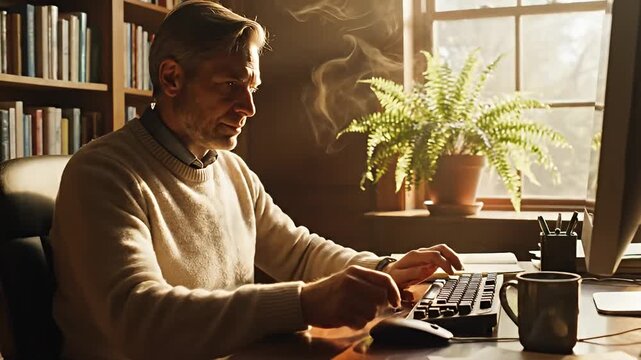 Man Working at Computer in Home Office Setting.