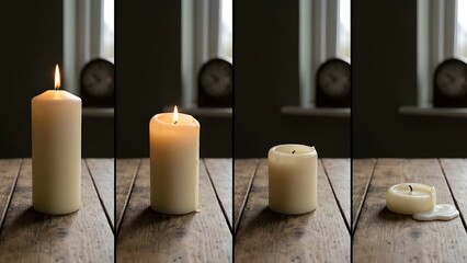 Set of Four Different Sized Candles on Wooden Surface with Black Background.
