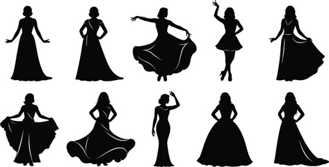 Fashion silhouettes, women in dresses, elegant poses, vector clipart, black and white, gown styles, dress design, modeling, stylish, chic