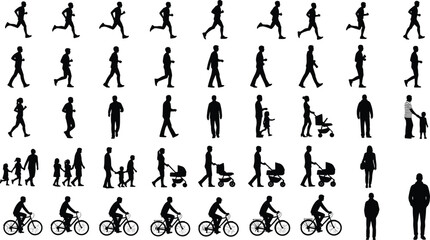 Human activity silhouettes, walking, running, cycling, parenting, vector clipart, black and white, everyday motion, stroller, child interaction, lifestyle