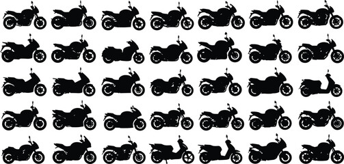 Motorcycle silhouettes, scooter collection, vehicle grid, black and white, vector clipart, transport design, bike styles, industrial, mobility, comparison