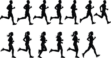 Running silhouettes, male and female, athletic motion, vector clipart, black and white, sports biomechanics, stride cycle, dynamic pose, fitness