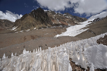 The enchanting beauty of the snowy mountains. The view of snow and rocks on the mountain tops.