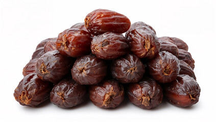 Fototapeta premium Stacked pile of dark dried dates forming a pyramid on a white background.