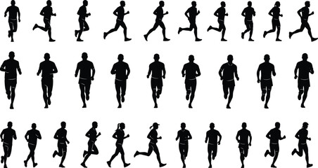 Running silhouettes, male and female, dynamic stride, vector clipart, black and white, athletic motion, side view, front, rear, pose