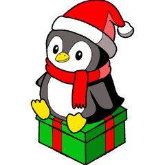 Penguin hat santa with gifts
