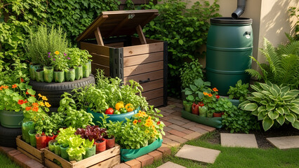 Lush vegetable garden with raised beds and compost bin in sunlight  