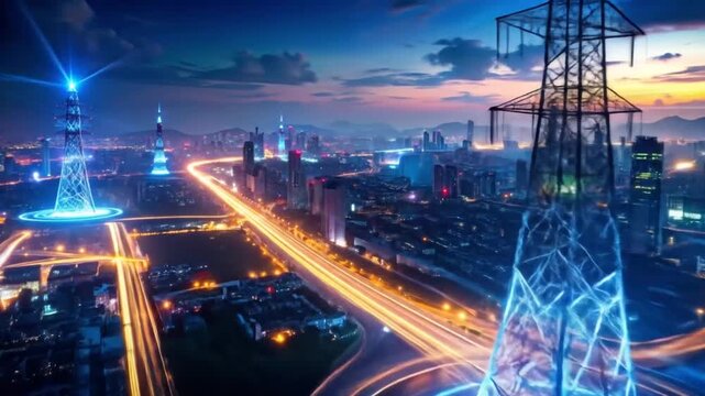 Futuristic Cityscape: Power Lines and Glowing Energy Network