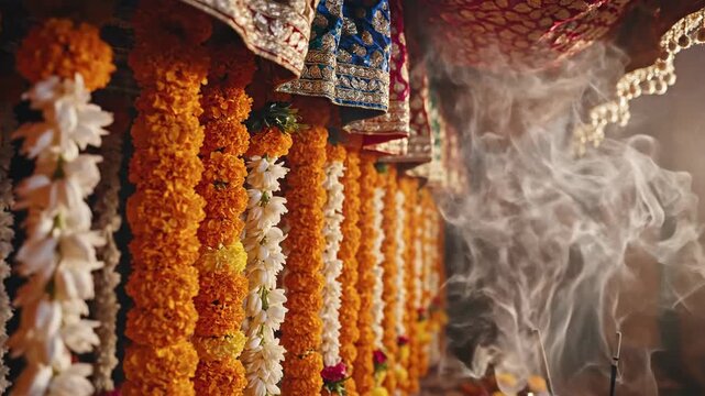 Close-up shot of colorful marigold and jasmine flower garlands hanging with smoke rising in a temple or shrine with warm tones and a serene mood.