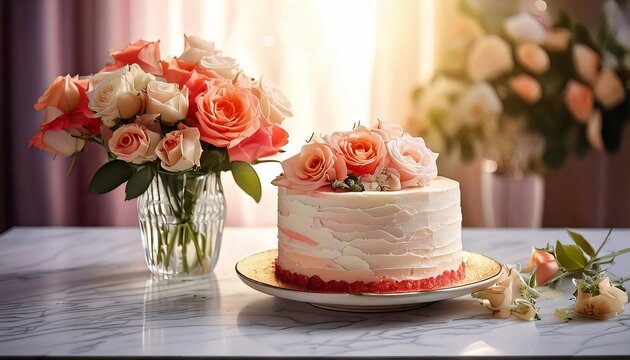 Elegant dessert display featuring a beautifully decorated pink rose cake and a charming bouquet, perfect for celebrating special moments and joyous occasions
