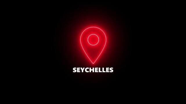 Red Neon Location Pin Icon with Seychelles Text on Black Background map marker navigation