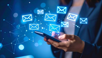 A businessman using a smartphone with email hacking and spam warning symbols, illustrating cyber attacks, malware threats, and cybersecurity challenges in the digital network environment.