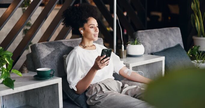 Happy woman, customer or relax with phone for IV drip, nutrition or vitamins in clinic. Female person, breathing or mobile smartphone with medical treatment for healthcare, immune booster or medicine