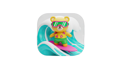 Whimsical Yellow Cartoon Bear Character Rides a Pink Surfboard on a Blue Wave Wearing Green Sunglasses and a Hawaiian Shirt A Fun and Playful Summer Scene