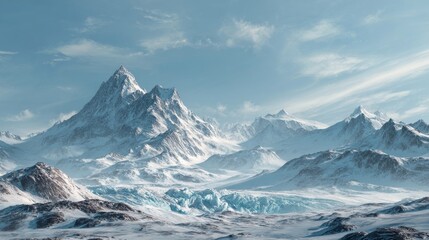 Snow-covered mountain peaks with icy glaciers and rocky terrain in a breathtaking winter landscape illustration on white background