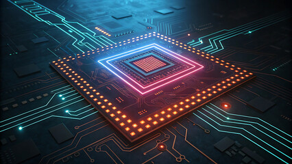 Glowing microprocessor chip on a dark circuit board