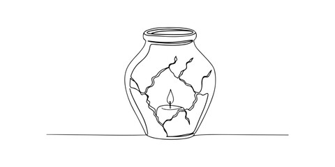 Continuous one line of a cracked jar with one glowing light escaping, elegant minimal fragile optimism symbolism art, hand drawn vector illustration.