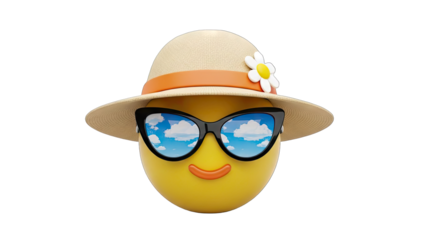 Whimsical Yellow Sphere Character Sporting a Straw Hat and Sunglasses Reflecting a Blue Sky with Clouds on a Transparent Background