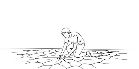 Continuous one line of a person planting seeds in barren soil, sleek minimal future hope amidst despair symbolism design, hand drawn vector illustration.