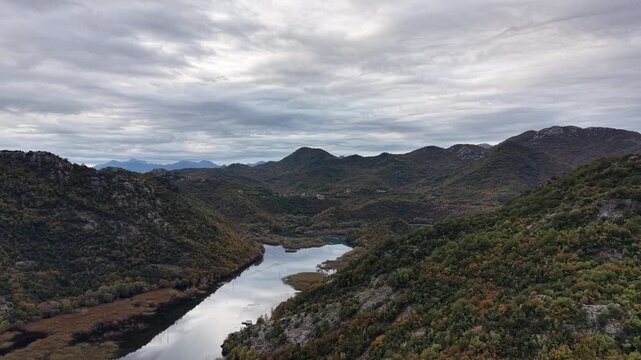 Aerial view of Rijeka and Crnojevica in autumn, Montenegro