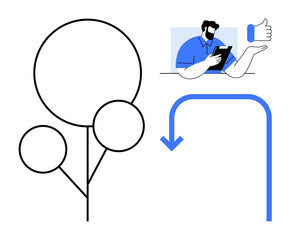 Environment, teamwork, digital interaction, direction, progress, remote communication. A stylized tree, a person using a tablet and a curved arrow pointing down. Environment and teamwork concepts