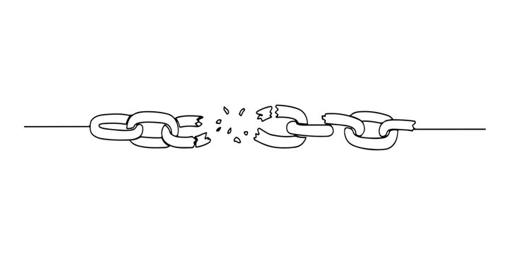 Continuous one line of a broken chain with one link reforged, sleek minimal strength amidst despair symbolism design, hand drawn vector illustration.
