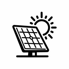 Black and white line art icon depicting a solar panel with the sun shining brightly above it, representing renewable solar energy, clean power generation, and sustainable technology.