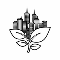 Black and white icon of a city skyline rising from and supported by a plant with large leaves, symbolizing a blend of urban development and nature, green city planning, and eco-friendly architecture.