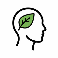 Icon of a human head profile containing a green leaf, symbolizing an eco-conscious mindset, environmental awareness, green thinking, and a commitment to sustainability and nature.
