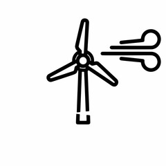 Black and white line art icon of a wind turbine with wind symbols, representing renewable wind energy, clean power generation, sustainable electricity, and industrial eco-technology.