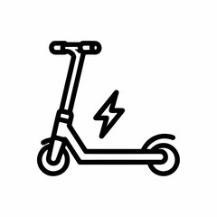 Black and white line art icon of an electric scooter with a lightning bolt, representing micro-mobility, urban transportation, eco-friendly travel, and modern battery-powered vehicles.