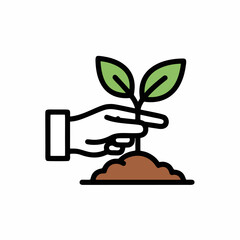 Colored vector icon of a hand planting a sprout into soil, symbolizing reforestation, gardening, agriculture, sustainable growth, and taking action for environmental conservation.