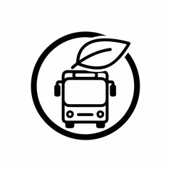 Black and white line art icon of a bus inside a circle topped with a leaf, symbolizing eco-friendly public transport, green buses, hybrid vehicles, and sustainable mass transit solutions.