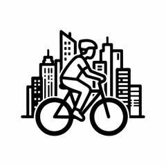Black and white line art of a cyclist riding a bicycle in front of a modern city skyline, symbolizing sustainable urban commuting, eco-friendly transport, and a healthy lifestyle.