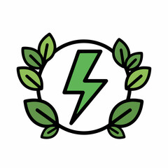 Colored vector icon of a green lightning bolt surrounded by a laurel wreath of leaves, symbolizing renewable energy achievements, eco-power excellence, and clean electricity.