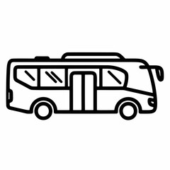 Black and white line art icon of a bus side view, representing public transportation, group travel, sustainable commuting, and mass transit vehicles.
