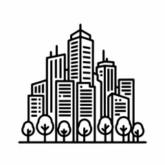 Black and white line art of a modern city skyline with trees in the foreground, symbolizing urban forestry, green city planning, and sustainable architecture.