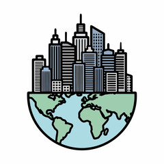 Colored vector graphic of a modern city skyline sitting on top of the globe, illustrating the concept of a global city, urbanization, and the worldwide presence of modern architecture.