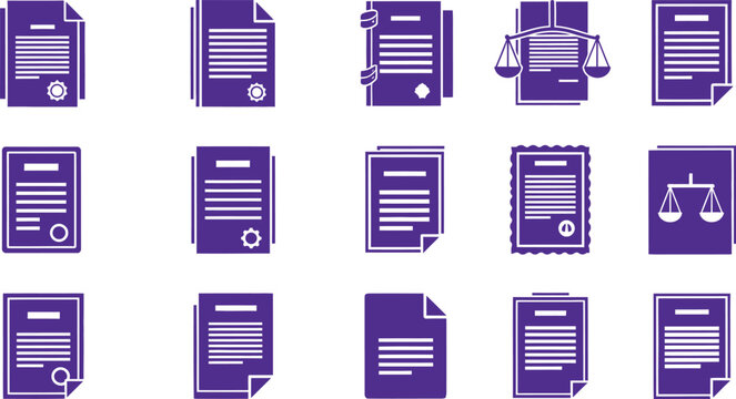 Legal documents and law symbols icons on transparent background.