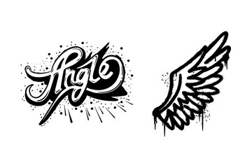 Angle word and wing graffiti spray paint street art design set.