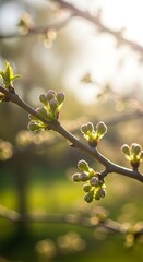 Fototapeta premium Early springtime freshness blooming branch with delicate buds awaiting sunrise