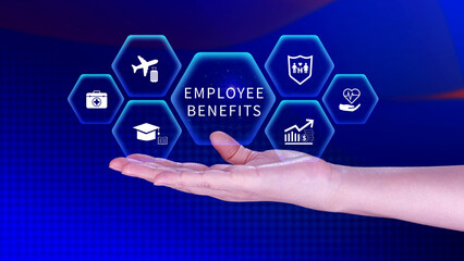 Employee Benefits Career Concept. Business Bonus Work Perks, Fringe benefits for employee engagement, Insurance, paid vacation, office perks
