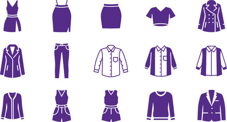 Purple clothing icons for fashion and style on a transparent background.