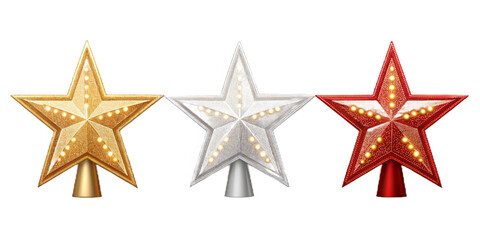 Realistic Christmas Tree Topper Stars, Gold Silver Red Festive Vector Illustration, Semi-Realistic