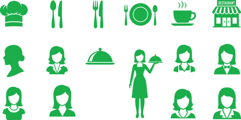 Restaurant and service icons chef hat cutlery plate cup restaurant building.