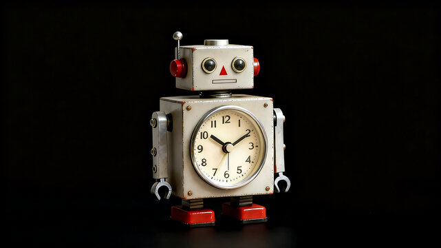 A vintage robot clock with a white clock face, red accents, and a retro design, isolated on a black background.