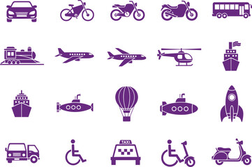 Naklejka premium Transportation Icons Set Purple bicycle motorcycle