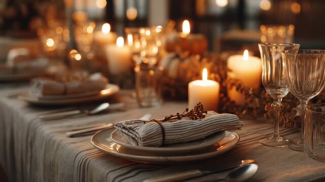 Candlelit Dinner Table with Autumn Decor