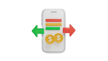 White Smartphone Showing Financial Data Red Green Arrows and Gold Coins on Transparent Background