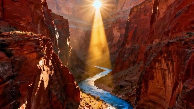 In the heart of the deep canyon, towering red rock cliffs rise steeply from the ground, their rugged surfaces displaying striking textures carved by years of natural erosion. At the bottom of the cany